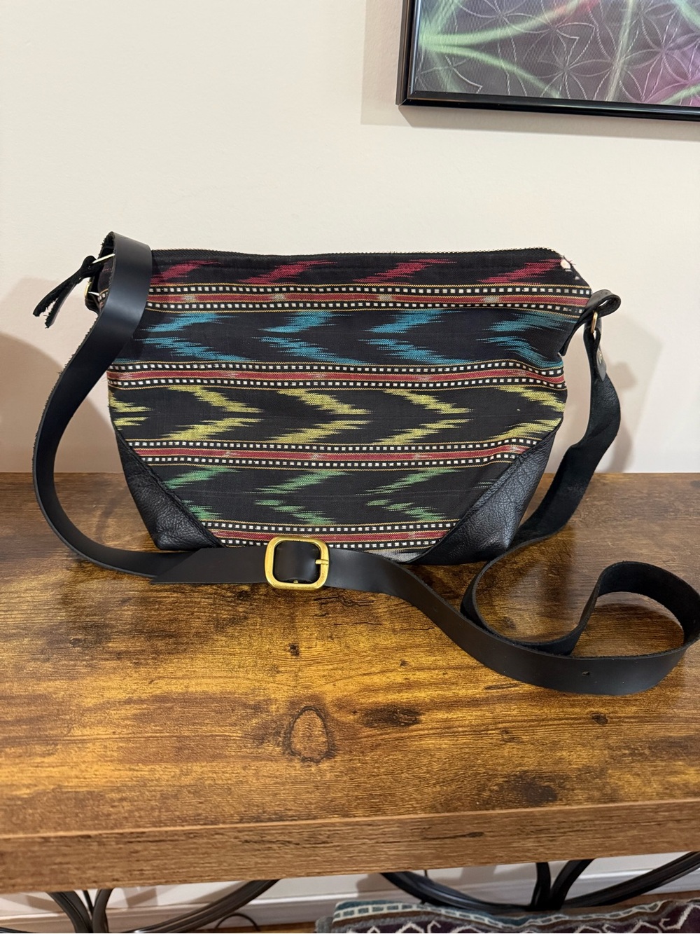 Grace Design Willow Crossbody Bag with Woven Ikat Pattern and Leather